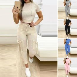 Women's Two Piece Pants 2Pcs/Set Trendy Skin-touching O-neck Ladies Sport Outfit Summer Loungewear Suit Streetwear Sports Top Set