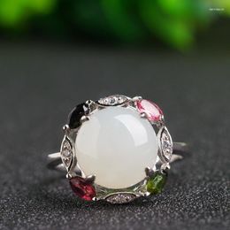 Cluster Rings 925 Silver Inlaid White Jade Retro Ethnic Style Open Female Ring