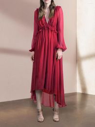 Casual Dresses Summer Women's Dress 2023 Red Chiffon Flounces Flowing Irregular V-Neck French