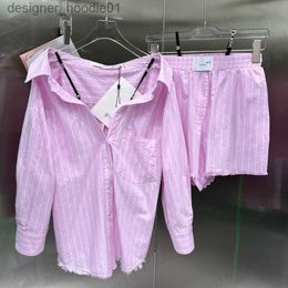 Womens Tracksuits Girls Tracksuits Sexy Shirt Shorts Suit Long Sleeve Blouse Vertical Stripes Fashion Casual Pink Clothing Sets with Suspenders Waistband SML L230