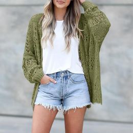 Women's Knits Hollow Out Fashion Cardigan V Neck Women Long Sleeve Sweater Oversized Solid Color Simple Style Loose Fit Daily Outfit