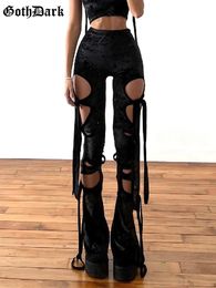 Women's Pants Capris Goth Dark Velvet Hollow Out Mall Gothic Pencil Pants Grunge Aesthetic Punk Sexy High Waist Trousers Y2k Bandage Women Alt Bottom 230912