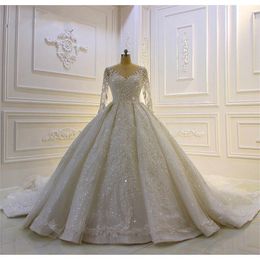 Modest Long Sleeve 2020 Ball Gown Wedding Dresses Bridal Gowns Sheer Jewel Neck Lace Appliqued Sequins Plus Size Robe De Mariee Cu277c