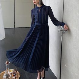 Casual Dresses Vintage Navy Lace Patchwork Pleated Long Dress For Women 2023 Spring Summer Elegant Draped Sleeve Maxi With Sashes