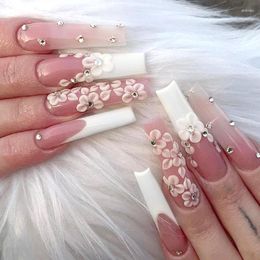 False Nails 24Pcs Reusable Coffin With Glue Wearable Ballet Fake Flower Design Long White French Press On