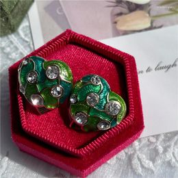 Stud Earrings Green Gradient Love Leaf Texture Diamond Metal Retro Fashion Women Girls Accessories Jewelry Gifts