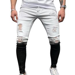 New Jeans Skinny Men Gradient Black White Ripped Hole Denim Pantalones Male 2020 Autumn Ankle Zipper Pencil Trousers316P