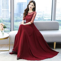 Party Dresses Women's Elegant Vintage Burgundy Pleated Long Dress Summer Floral Hollow Out Chiffon Evening Maxi Vestidos FT558