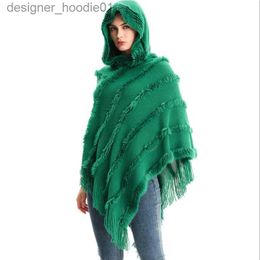 Women's Cape Women's Knitted Ponchos Hooded Cape with Fringed Hem Solid Knitting Patterns Shawl Wrap Scarf Accessories for Women Plus Size L230914