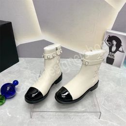 Mulheres botas doces moda feminina dedo do pé redondo fundo grosso couro zíper tornozelo botas novas senhoras pérola decort ao ar livre sapatos planos