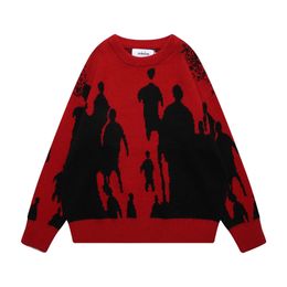 Men Sweater Grunge Harajuku Knitted Shadow Ghost Jumper Streetwear 2023 Fashion Loose Punk Goth Pullovers Red Black