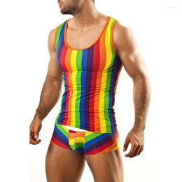 Men's Sleepwear 2023 Tank Tops & Shorts 2 Pieces Set Pijama Loungewear Sexy Rainbow Striped Tight Summer Pyjama Man Pyjama