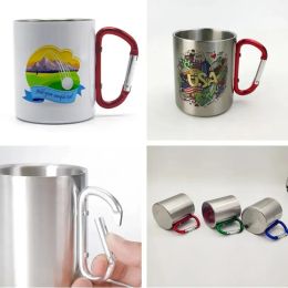 UPS Wholesale10oz Sublimation Carabiner Handle Cups White or Silver Coated Mugs For Sublimation Outdoor Stainless Steel Water Bottles 828 JJ 9.14