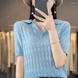 Women's T Shirts Summer Short Sleeved Clothing Polo Neck Pullover Tank Top Fashion Korean Knitted Hollow Thin Wool T-shirt Tees