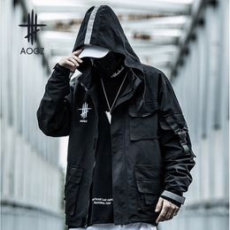 Mens Jackets AOGZ Reflective Zipper Cargo Coat Men Streetwear Tactical Function Multipocket Hoody Windbreaker Outwear Tops Spring 230912