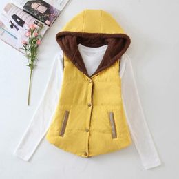 Women's Vests Simple Vest Coat 3D Cutting Buttons Placket Women Winter Hooded Velvet Lining Cotton Padded Waistcoat Cold Resistant