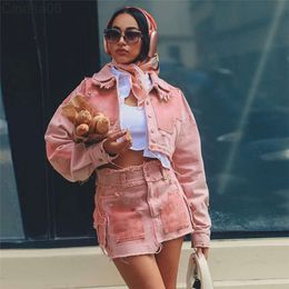 2023 Autumn Jackets Womens New Casual Two Piece Skirts Set Women Contrast Polo Collar Slim Fit Denim Cardigan Coat And Skirt