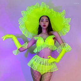 Stage Wear Fluorescence Green Lace Up Bikini Hat Pole Dance Costume Nightclub Jazz Gogo Dancer Clothes Party Carnival Rave Outfit VDB5344