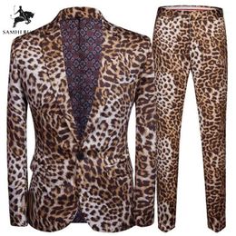 Plus Size 5XL Trend DJ Night Club Leopard Print 2 Pieces Set Mens Suits Jacket With Pants Stage Singers Costume Casual Suit1273S