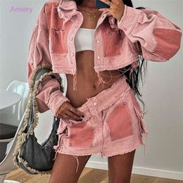 2023 Autumn Jackets Womens New Casual Work Wear Two Piece Set Women Contrast Polo Collar Slim Fit Denim Cardigan Coat And Skirt