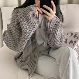 Women's Knits Chic Retro Round Neck Zipper Loose Thick Thickened Cardigan Sweater Coat Women Tops Pink Oversized