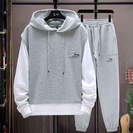 Mens Tracksuits Spring Autumn Youth Hoodies Pant Suit Waffle Pattern Casual Loose High Street Sports Jackets Trousers Set Male Sportswear 230914