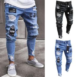 Men's Pants Men Stretchy Ripped Skinny Biker Embroidery Print Jeans Destroyed Hole Taped Slim Fit Denim Scratched High Qualit263l