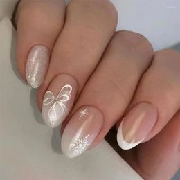 False Nails 24Pcs Simple Almond Fake Oval White French With Bow Snowflake Design Wearable Finished Press On Nail Tips