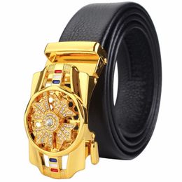 Man Automatic Buckle Leather Belt High Quality Men Business Belt Golden Waist Buckle Rhinestone Decoration Males Luxury Belt