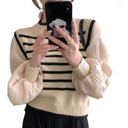 Women's Sweaters Korea Version Chich Sweet 2023 Spring Stripe Women Sweater Round Neck Bubble Sleeve Slim Pullover Tops