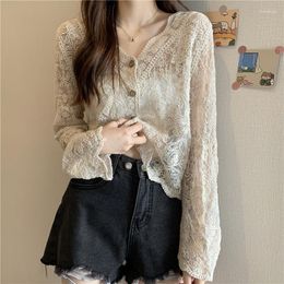 Women's Knits Hollow Mesh Cardigan Knitwear V-neck Solid Lace Long-sleeved Openwork Button Bell Sleeve Top Cover-ups Blouse Women