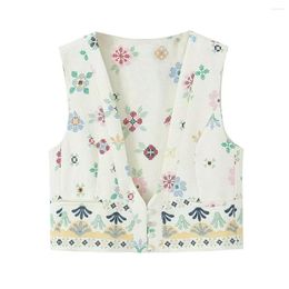 Women's Vests Linen Print Vest Women Fashion V-neck Sleeveless Cropped Waistcoat Chic Lady Female Clothing 2023 Summer