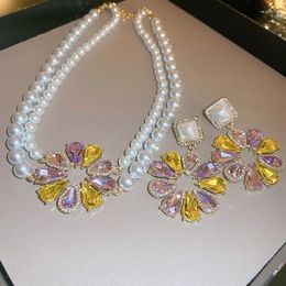 Collana di orecchini set di perle in stile coreano alla moda per le donne Banchetto di nozze di lusso in cristallo di girasole dolce