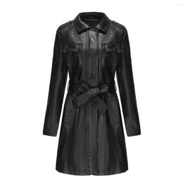 Women's Trench Coats 2023 European And American Mid Length Leather Coat With Belt Spring Autumn Long Sleeve Windbreaker Fashion Briti