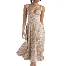 Casual Dresses Women Dress Low-cut Backless Sleeve Flower Print High Tight Waist Split Summer Party Prom Beach For