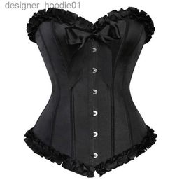 Women's Shapers Black Frill Ruffle Trim Corset Women Burlesque Fashion Overbust Corset with Satin Bows Sexy Lace Up Plastic Boned Body Shaper L230914