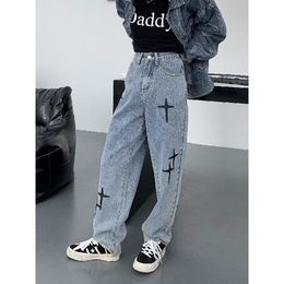 fall outfits jeans Casual custom jeans diy Women's Streetwear Cross Embroidery wide leg jeans outfit Casual homecoming jeans