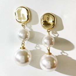 Dangle Earrings Peri'sbox Elegant Gold Plated Disc Double Faux Pearl Drop For Women Statement Bridal Wedding Jewellery Wholesale