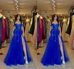 Sexy Royal Blue A Line Prom Dresses for Women Off Shoulder Lace Applique Pleats Draped High Side Split Evening Dress Formal Wear Birthday Celebrity Evening Gowns