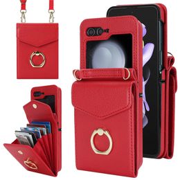 Luxury Crossbody Lychee Grain Leather Vogue Phone Case for Samsung Galaxy Z Folding Flip3 Flip4 Flip5 5G Multiple Card Slots Leather Wallet Kickstand Fold Shell