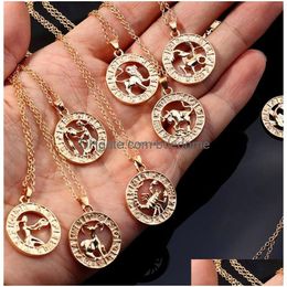 Pendant Necklaces 12 Zodiac Sign Necklace Coin Gld Chain Aries Taurus Pendants Charm Star Choker Astrology For Women Fashion Jewellery W Dh7Tv