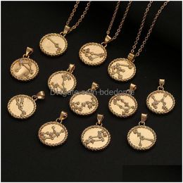 Pendant Necklaces Twee Zodiac Sign Necklace Gold Chain Copper Libra Crystal Coin Pendants Charm Star Choker Astrology For Women Fashio Dhsvx
