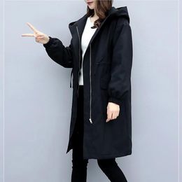 Women's Trench Coats Women Mid-Length Outerwear 2023 Windbreaker Coat Female Fashion Loose Hooded Overcoat Black Tops Thickened Insulation