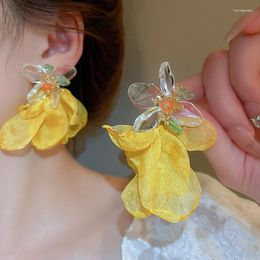 Dangle Earrings MENGJIQIAO Fashion Acrylic Flower Yellow Fabric Petals For Women Sweet Ear Aretes De Mujer Modernos 2023