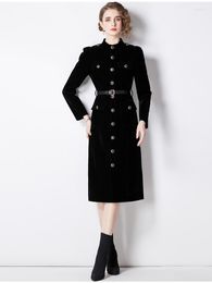 Casual Dresses Solid Black Woman Velvet Dress Winter Stand Collar Ladies A-Line Thick Slim Knee Women Office Lady Outer