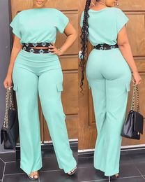 Women's Two Piece Pants Elegant Women Sets Geometric Print Short Crop Top And Pocket Decoration Wide Leg Office Lady Set