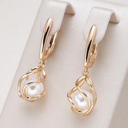 Dangle Earrings Kinel Luxury 585 Rose Gold Drop For Women Unique Geometric Hollow Pearl Bridal Wedding Jewellery 2023
