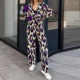 Women's Two Piece Pants Fashiona Loose Leopard Print High Street Suit Women Elegant Laple Long Sleeve Tops Outfits Casual Waist Wide Leg