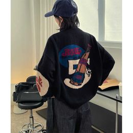 Winter New Korean Design Baseball Jersey Fun Pattern Knitted Cardigan Covers Meat Shows Thin Soft and Thick Sweater for Women