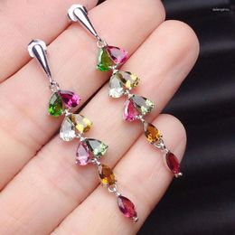 Dangle Earrings Sterling Long Drop With Gemstones Total 16 Pieces 2.4ct Natural Tourmaline 925 Silver Jewellery